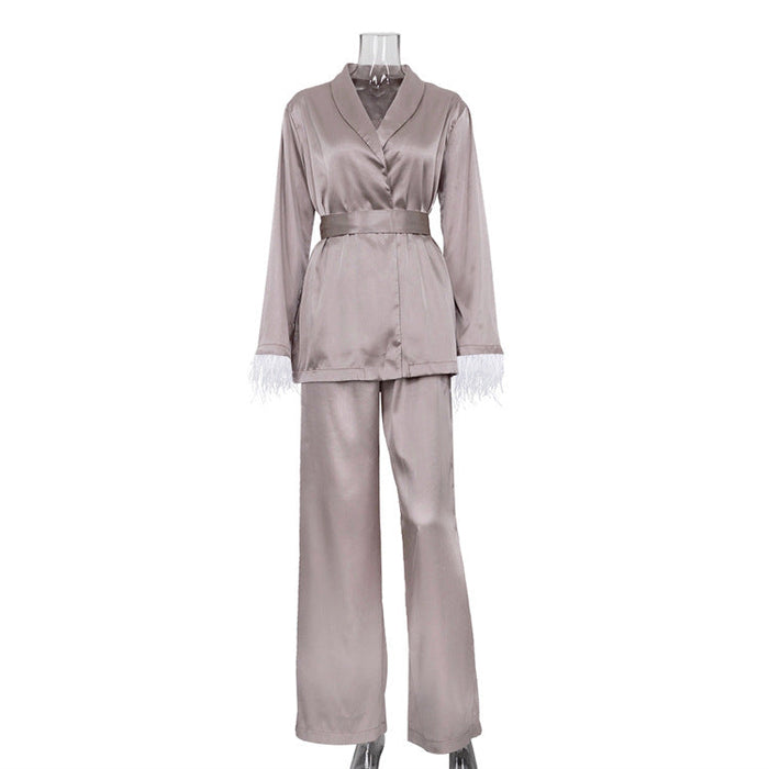 Women Clothing Casual Lazy Suit French Feather Long Sleeve Lace up Satin Two Piece Set