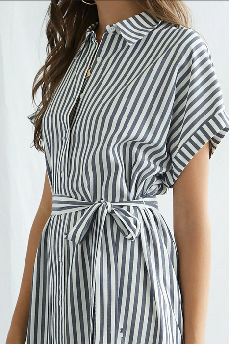 Women Summer Elegant Striped Lapel Belt Dress