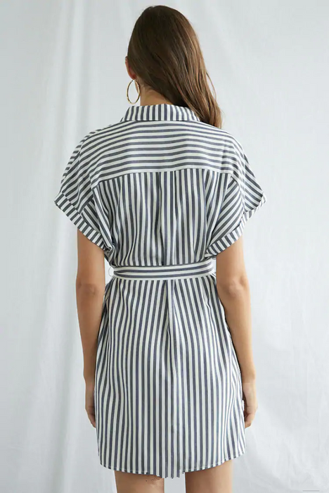 Women Summer Elegant Striped Lapel Belt Dress