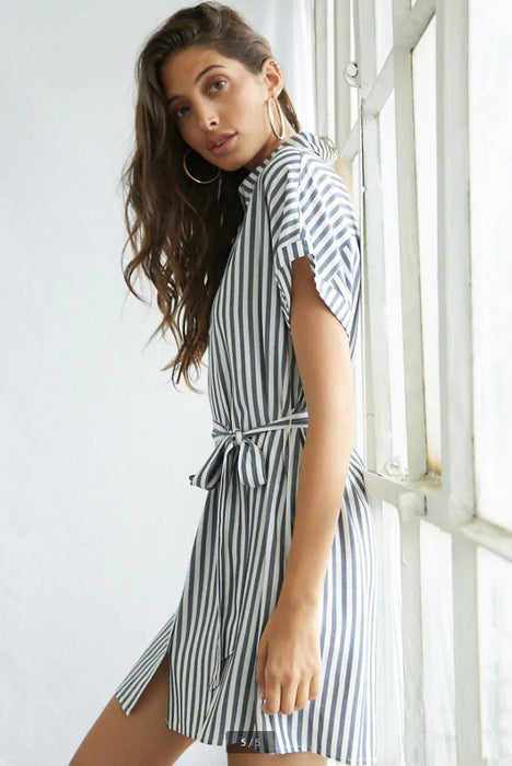 Women Summer Elegant Striped Lapel Belt Dress