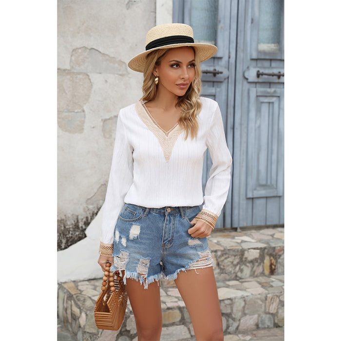 Women Spring Fall V Neck Solid Elegant Short Blouses