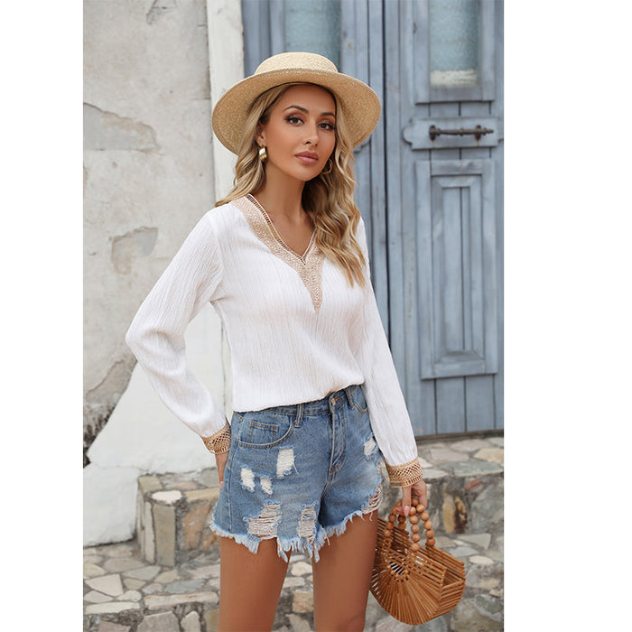 Women Spring Fall V Neck Solid Elegant Short Blouses