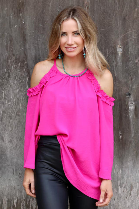 Rose Ruffled Cold Shoulder Long Sleeve Top