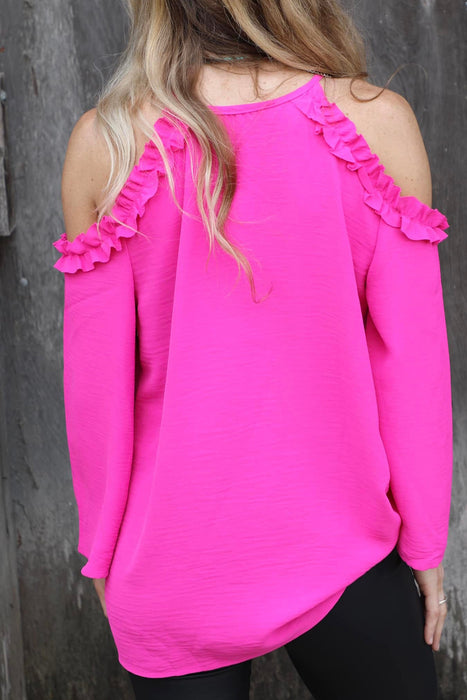 Rose Ruffled Cold Shoulder Long Sleeve Top