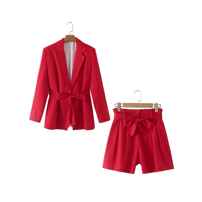 Spring Red Non Buckle Cotton Linen Women Blazer Suit Shorts Suit