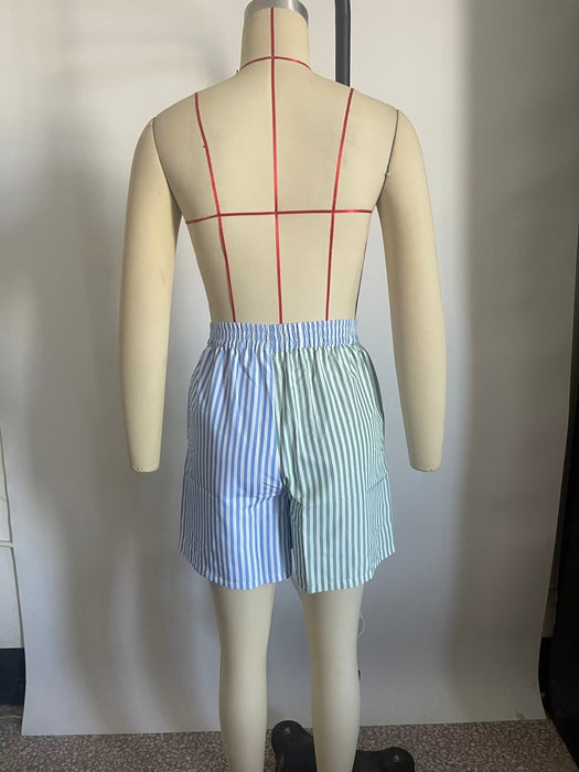 Spring Women Clothing Light Blue Light Green Striped Two Piece Set  Shirt