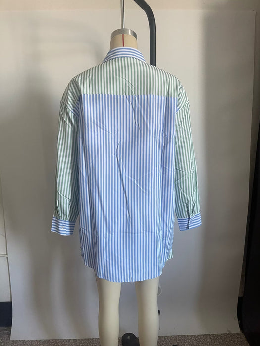 Spring Women Clothing Light Blue Light Green Striped Two Piece Set  Shirt