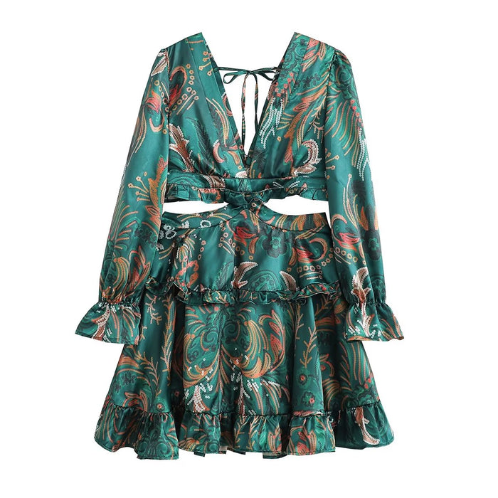 Women Spring Satin Printed Skirt Two Piece Set Tie Ruffle