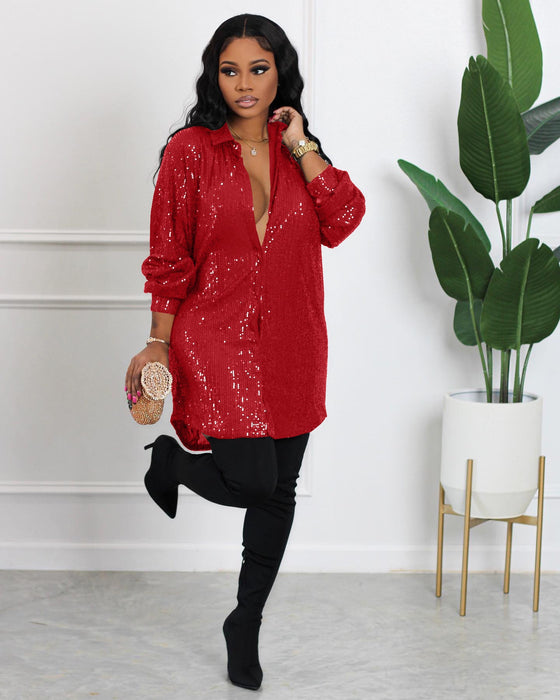 Women Clothing Solid Color Sequ Loose Shirt Dress