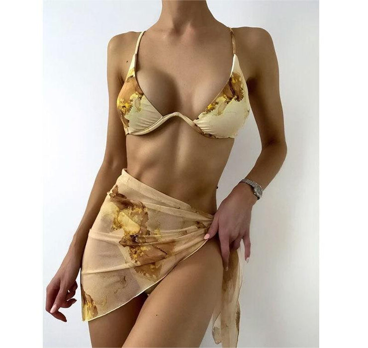 Swimsuit Marbling Printed Bikini Sexy Bikini Women Underwire Split Veils Swimsuit