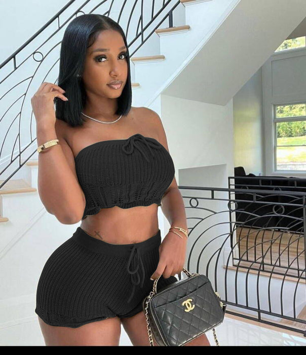 Women Clothing Casual Knitted Tube Top Shorts Two Piece Set