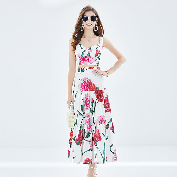 Women Spring and Summer New Rose Printing Stitching Three dimensional Strapless Skirt Two piece Set