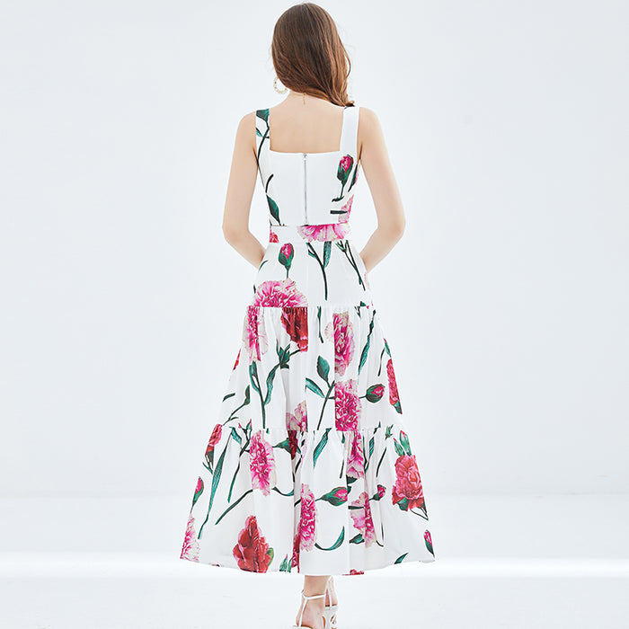 Women Spring and Summer New Rose Printing Stitching Three dimensional Strapless Skirt Two piece Set