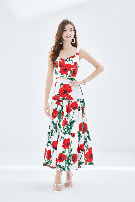 Women Spring and Summer New Rose Printing Stitching Three dimensional Strapless Skirt Two piece Set