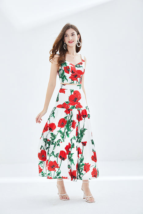 Women Spring and Summer New Rose Printing Stitching Three dimensional Strapless Skirt Two piece Set