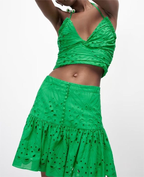 Women Clothing Embroidered Laminated Decoration Green Skirt