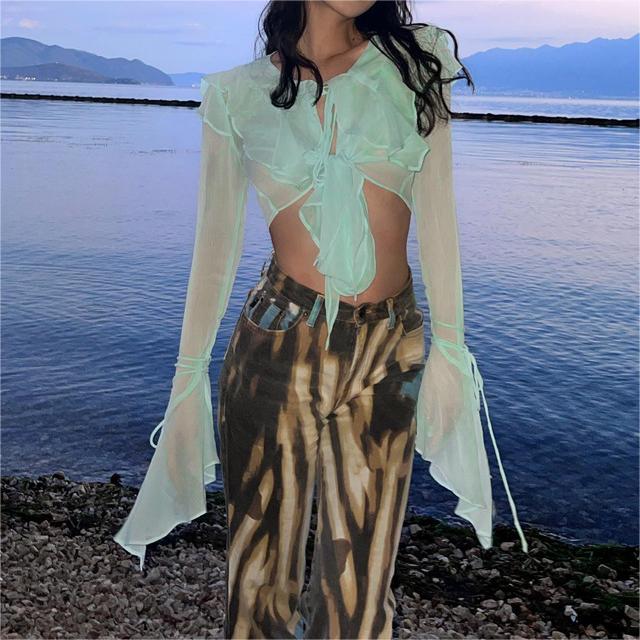 Spring Summer Solid Color Mesh Sheer Long Sleeve Top Women Clothing