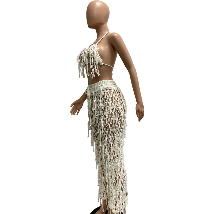 Sexy See through Knitted Hand Crochet Tassel Beach Suit