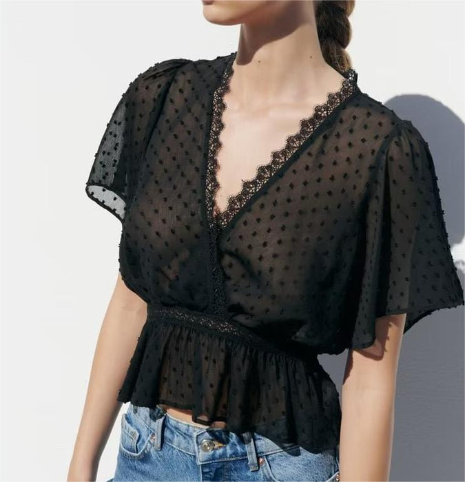 Women Sexy Slim Black Lace Trim Shirt