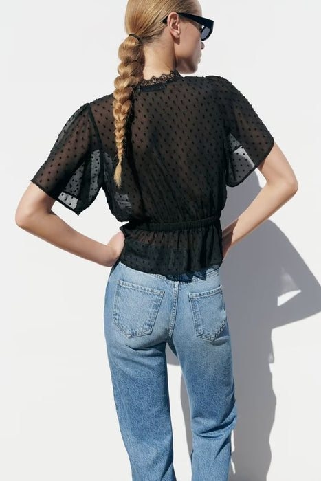 Women Sexy Slim Black Lace Trim Shirt