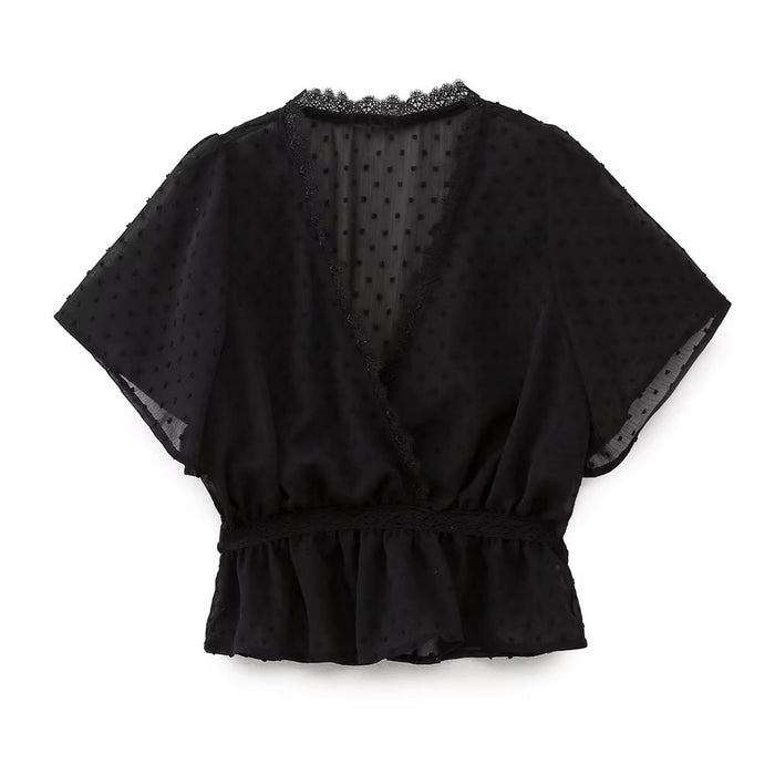 Women Sexy Slim Black Lace Trim Shirt