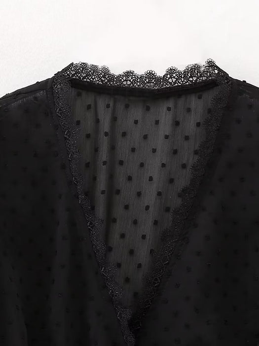 Women Sexy Slim Black Lace Trim Shirt