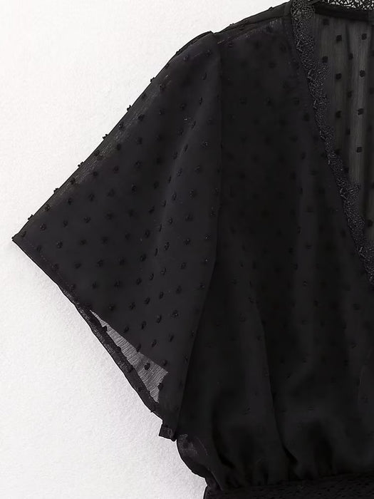 Women Sexy Slim Black Lace Trim Shirt