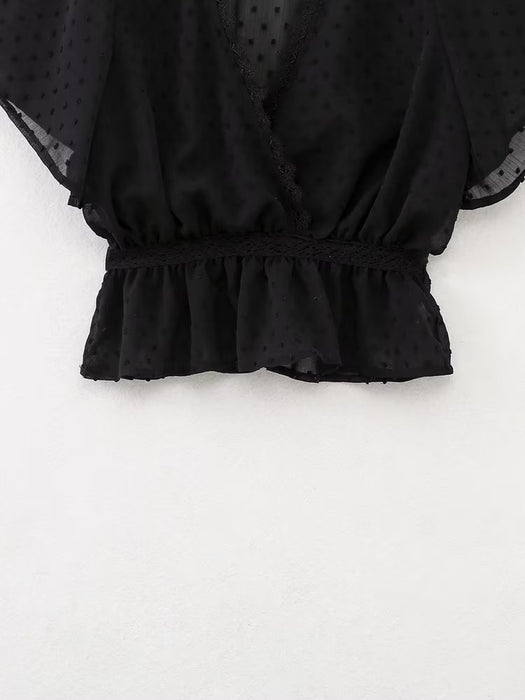 Women Sexy Slim Black Lace Trim Shirt