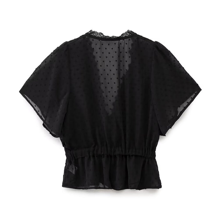 Women Sexy Slim Black Lace Trim Shirt