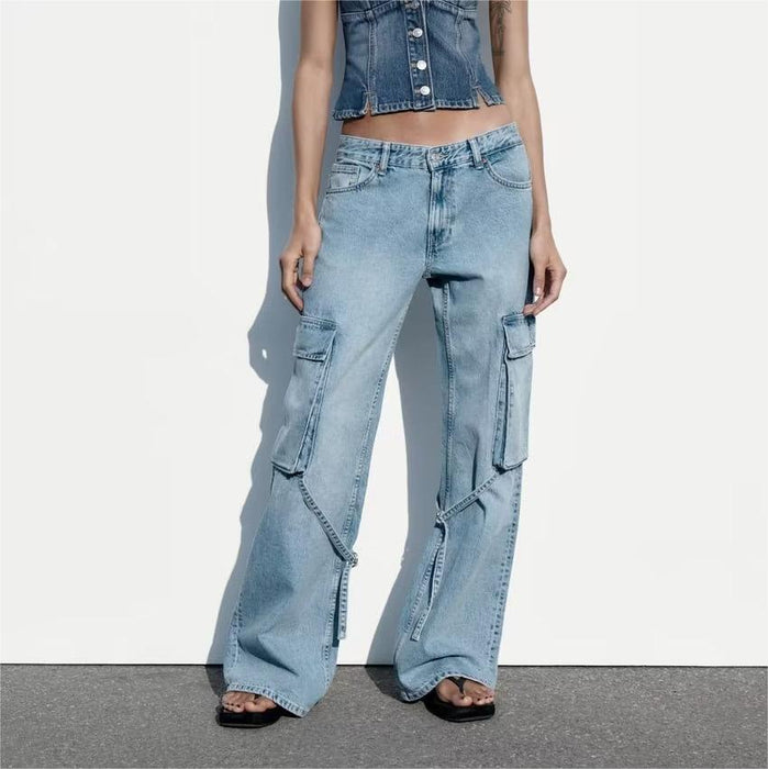 Loose Strap Accessories Mid Waist Cargo Jeans Trousers