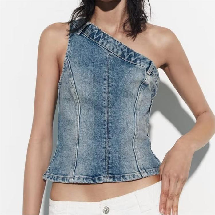 Summer Women Vest Outer Wear Straight Slim Asymmetric Denim Top