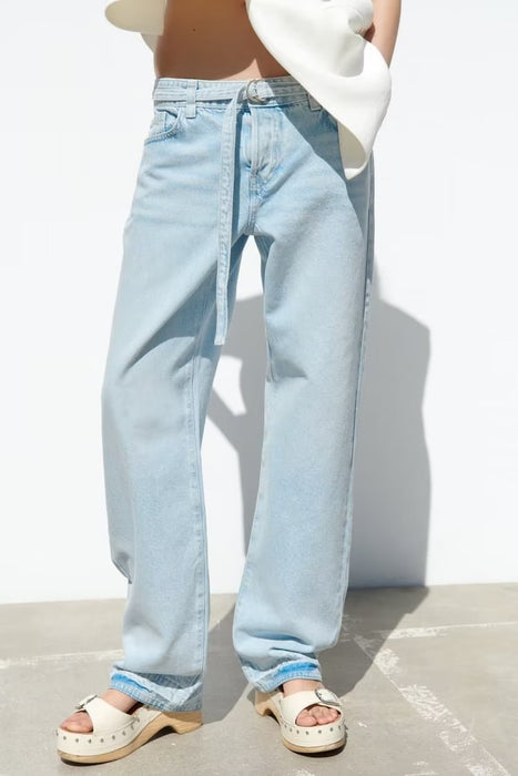 Light Blue Wide Leg Jeans for Women Spring Ripped Contrast Color Non Elastic High Waist Loose Slimming Narrow Pants