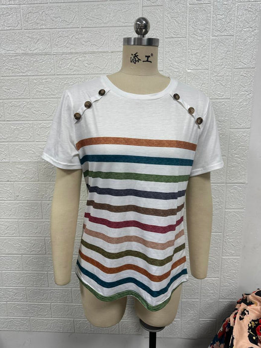 Women Clothing Summer Striped Print Stitching Button Short Sleeved Casual Top Women