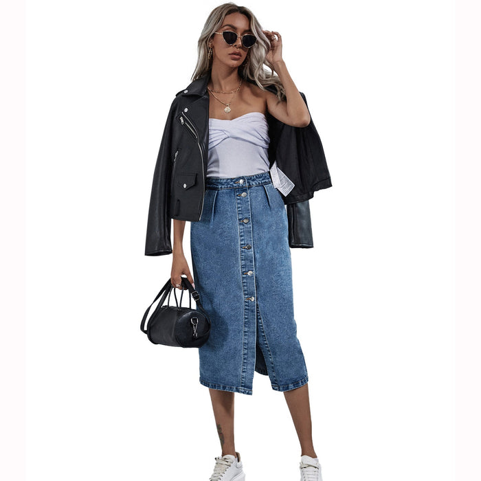 Women Clothing High Waist Single Breasted Denim Skirt Autumn Winter