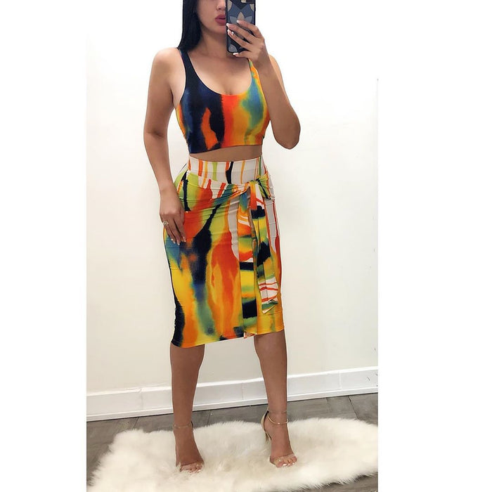 Summer Sexy Graceful Women Tie Dye Slip Dress Set Two Piece Nightclub Set