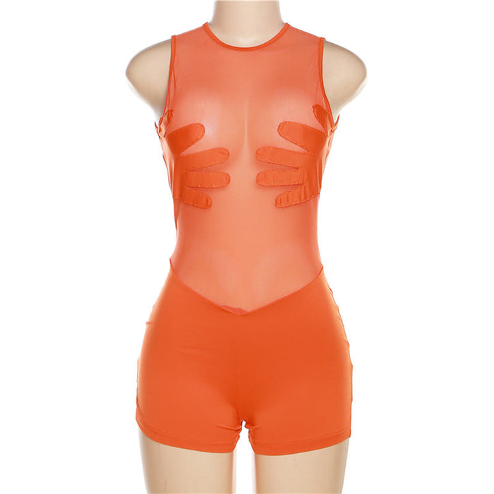 Summer Women Clothing Sexy Mesh Perspective Stitching High Waist Sleeveless Tight Romper for Women