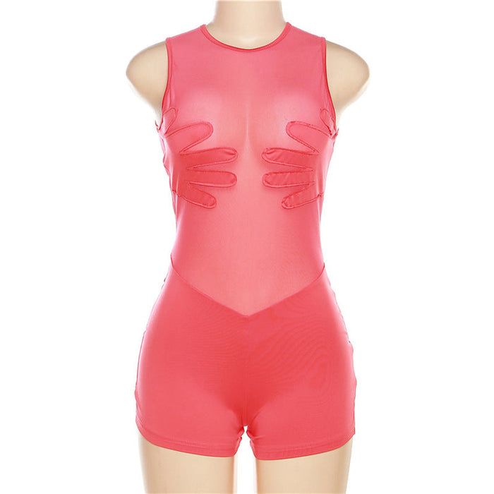 Summer Women Clothing Sexy Mesh Perspective Stitching High Waist Sleeveless Tight Romper for Women