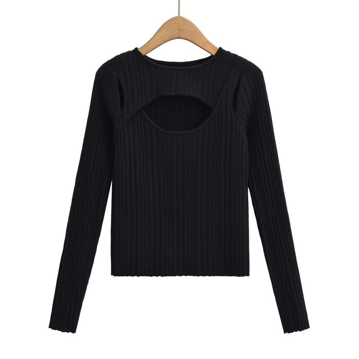 Autumn Hollowed out Long Sleeved Sweater Top round Neck Slim Fit Inner Wear Knitted Top Women Clothing