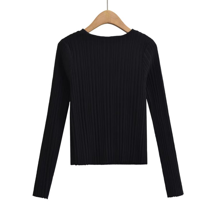 Autumn Hollowed out Long Sleeved Sweater Top round Neck Slim Fit Inner Wear Knitted Top Women Clothing