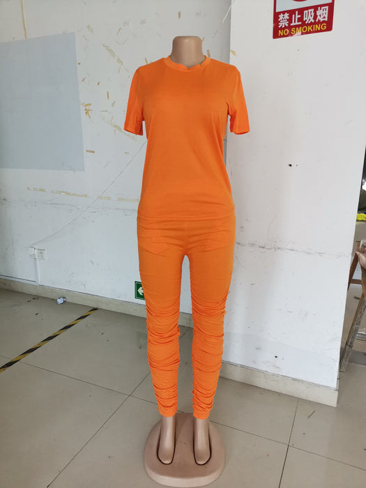 Women Clothing Ruched Short-Sleeved Suit T-shirt Two-Piece Set Solid Color Tight Summer