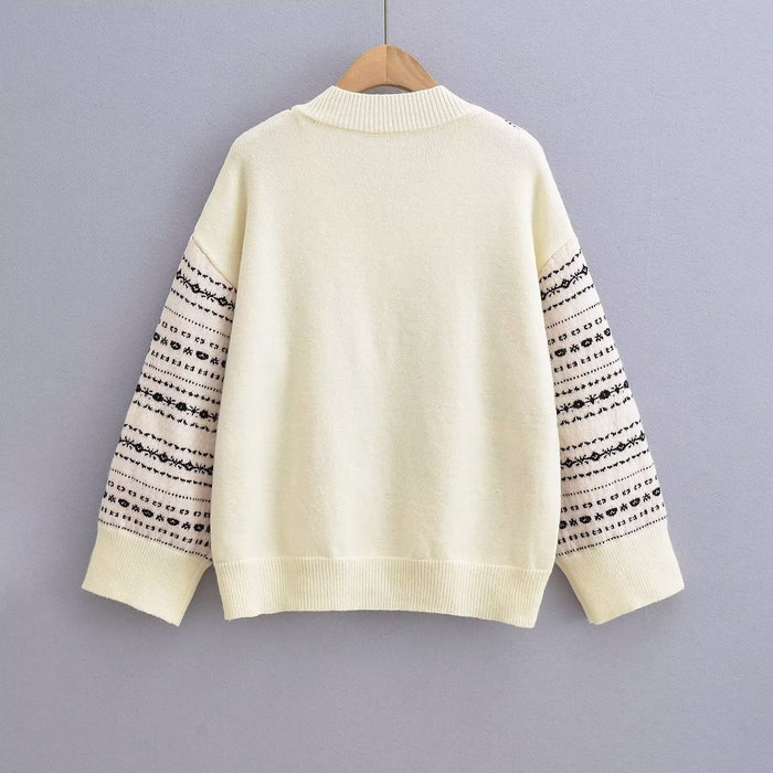 Women Clothing Jacquard Loose Fitting V neck Sweater Sweater