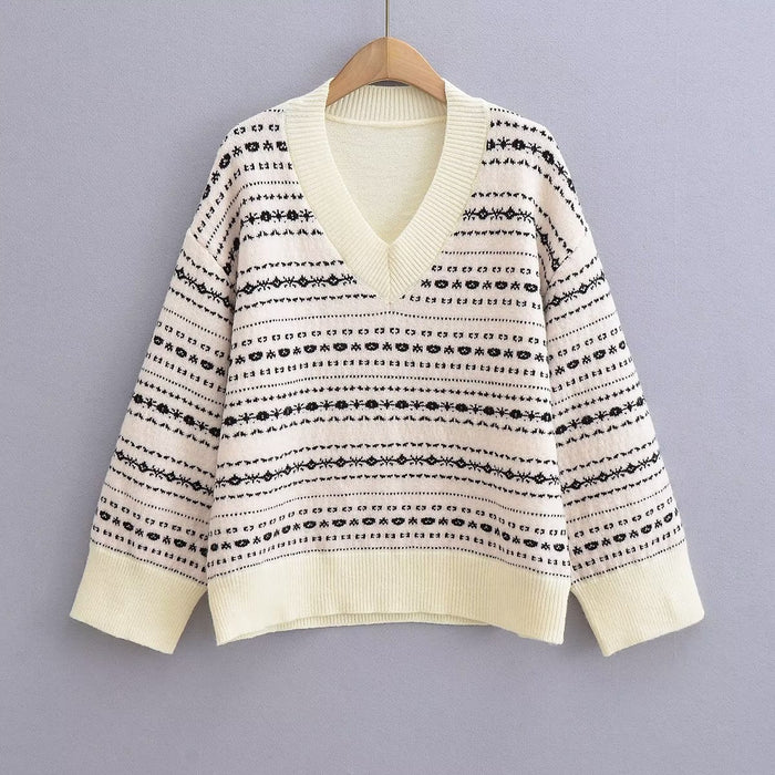 Women Clothing Jacquard Loose Fitting V neck Sweater Sweater