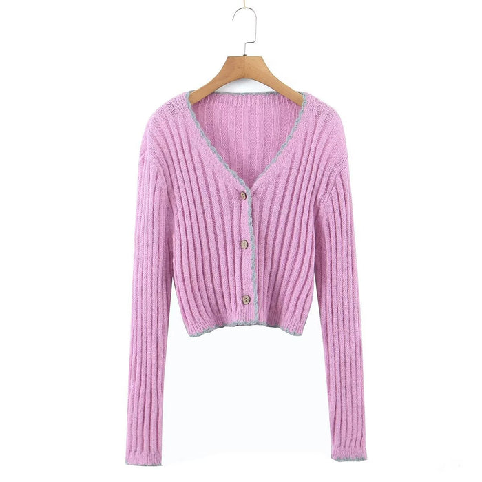 Sweet Contrast Color Handmade Crochet Knitted Cardigan Women Spring Sexy Slim Fit V neck Single Breasted Sweater