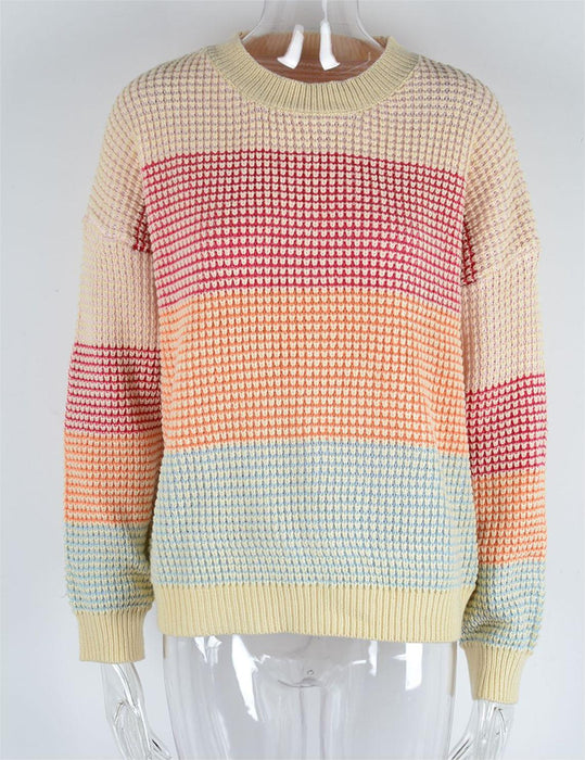 Autumn Casual Sweater Loose Crew Neck Color Knitwear Top Color Block