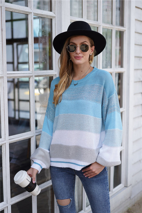 Autumn Winter Striped Striped Sweater Women Knitted Crew Neck Pullover Sweater Women