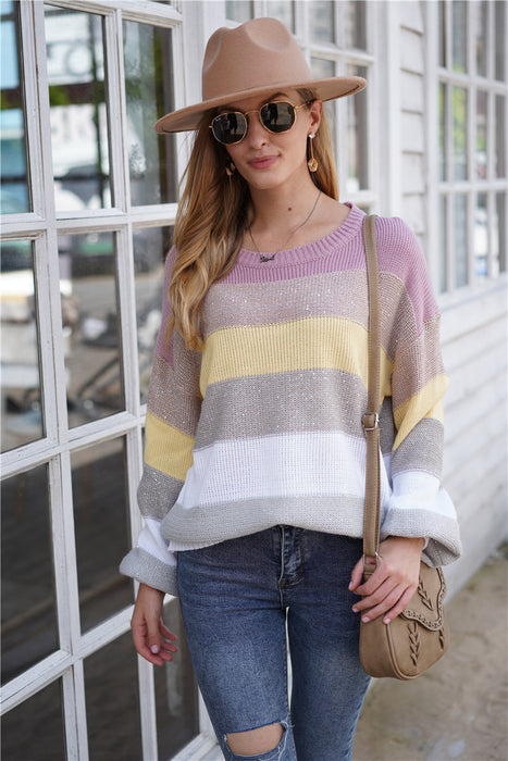 Autumn Winter Striped Striped Sweater Women Knitted Crew Neck Pullover Sweater Women