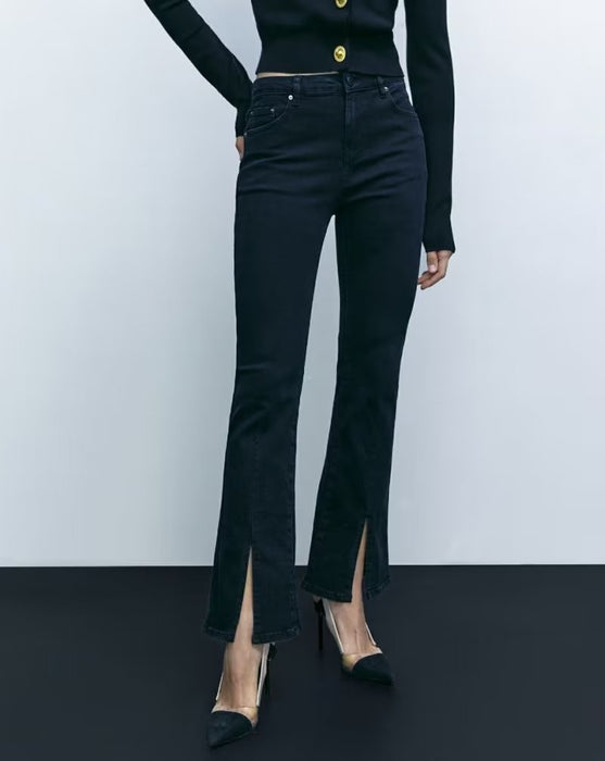 Spring Elegant Black Slit Pants Retro High Waist Slimming Skinny Jeans Women