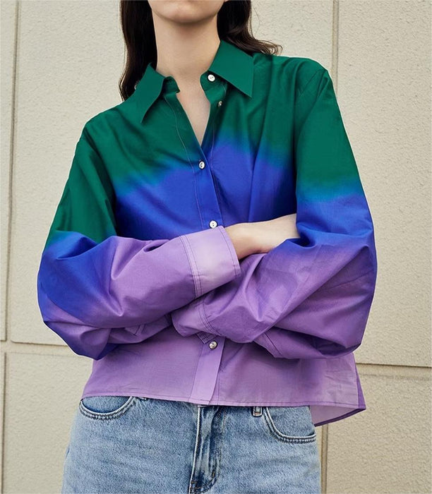 Summer Women Clothing Colorful Personality Color Stitching Turnover Neck Cardigan Shirt