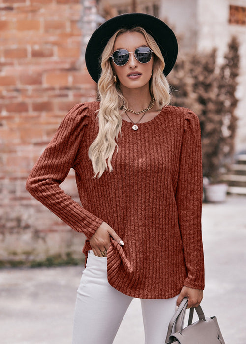 Women round-Neck Puff Sleeve Brushed Sunken Stripe Solid Color Upper Clothes Long Sleeves T-shirt