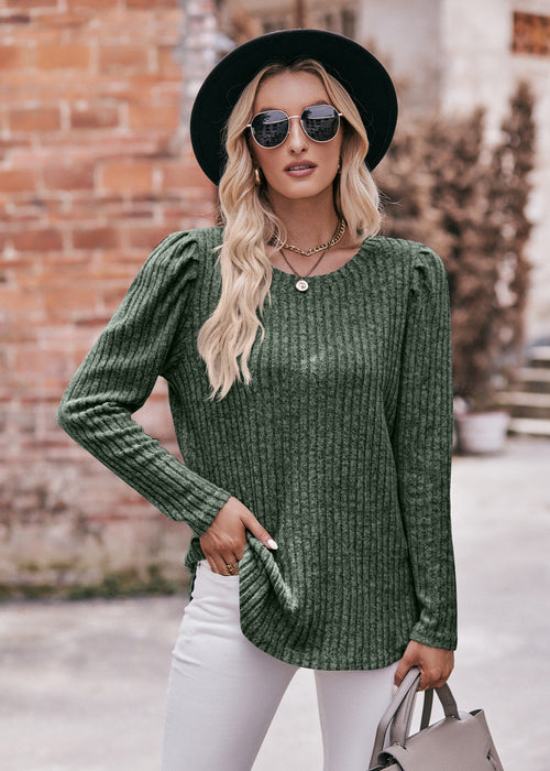 Women round-Neck Puff Sleeve Brushed Sunken Stripe Solid Color Upper Clothes Long Sleeves T-shirt